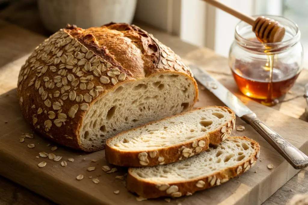 sliced honey oat sourdough bread with honey and butter