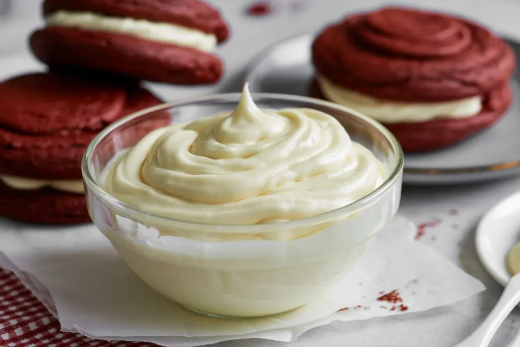 Red Velvet Sandwich Cookies with White Chocolate Buttercream Frosting