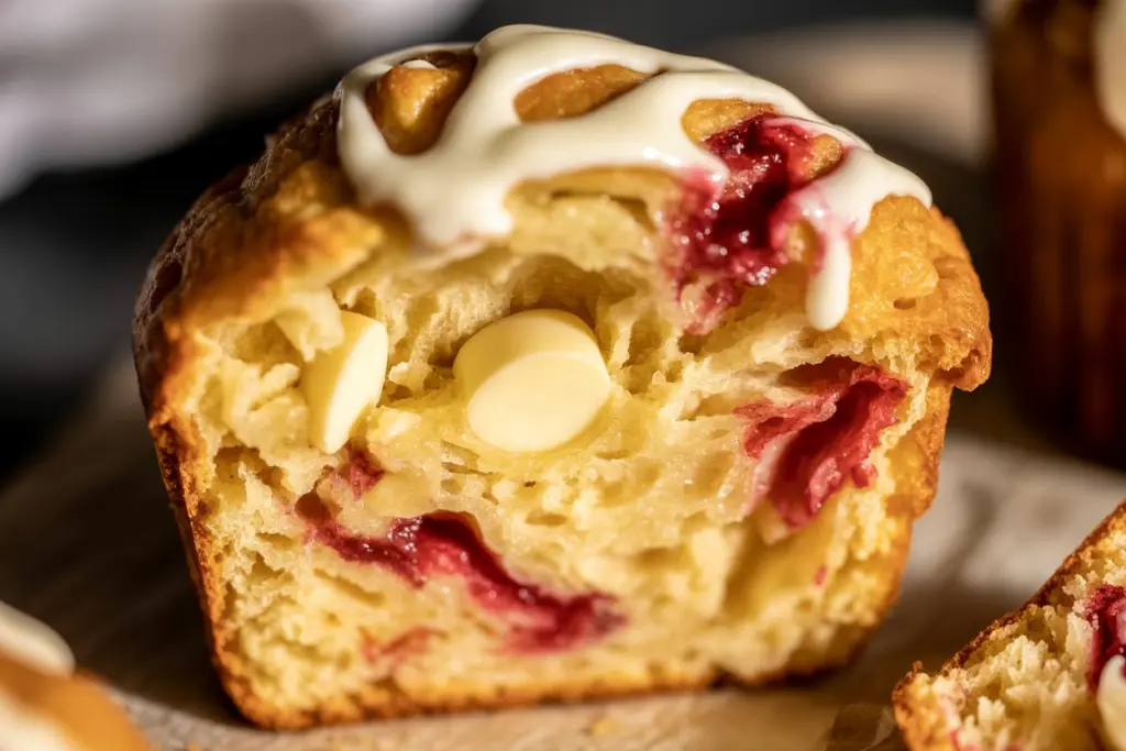 Freshly baked sourdough raspberry muffins served with coffee