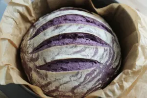 freshly baked purple sweet potatoes sourdough bread