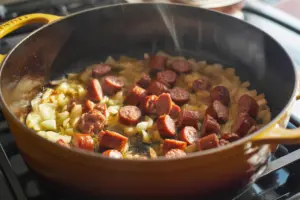 A close-up photograph of a large dark brown cast iron pot on a stovetop over medium heat. A golden olive oil with small pieces of one pound of Italian sausage and cook until browned scattered around it with softened chopped onion .