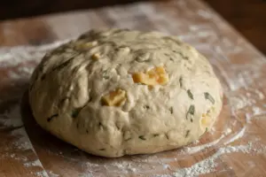 round-shaped sourdough dough with cheese bits and Italian herbs