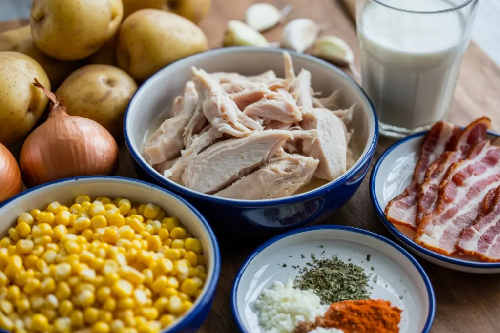 Creamy Chicken Corn Chowder 2 chicken corn chowder ingredients on counter