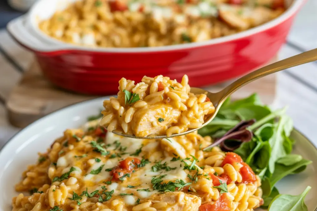 Served Greek Chicken Orzo Casserole with feta and herbs