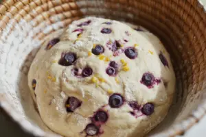 sourdough bread dough with lemon zest and blueberries within
