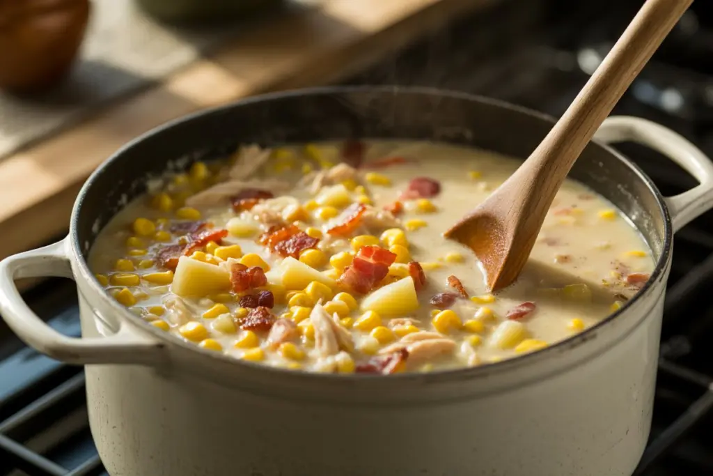 Creamy Chicken Corn Chowder 3 creamy chicken corn chowder simmering in pot
