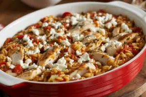 Chicken and tomatoes simmering for Greek Chicken Orzo Casserole