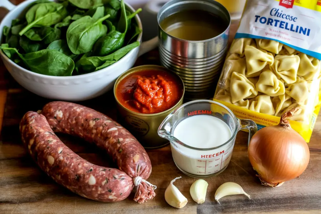 Fresh ingredients for Sausage Spinach Tortellini Soup