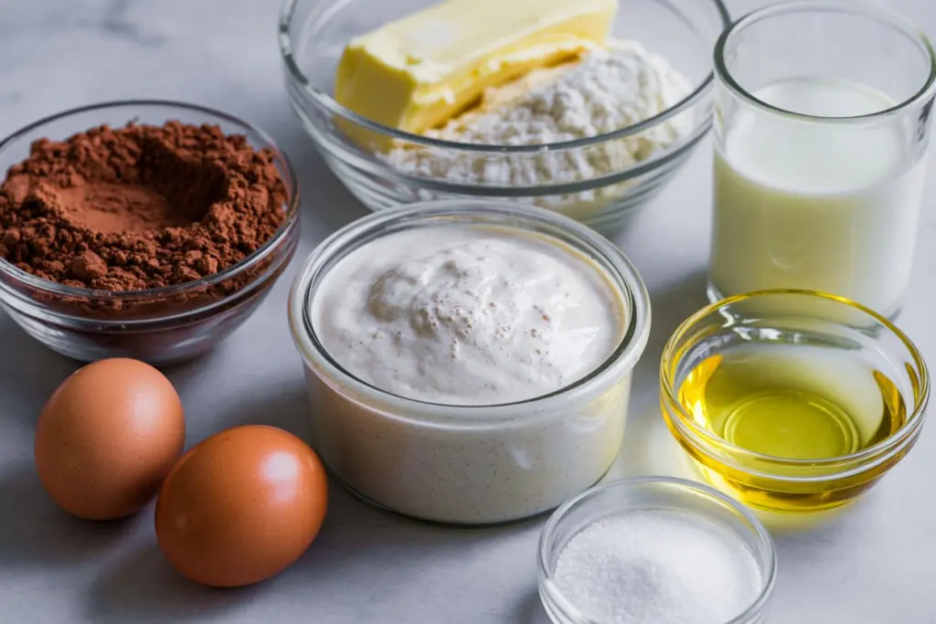chocolate sourdough cupcakes ingredients flat lay