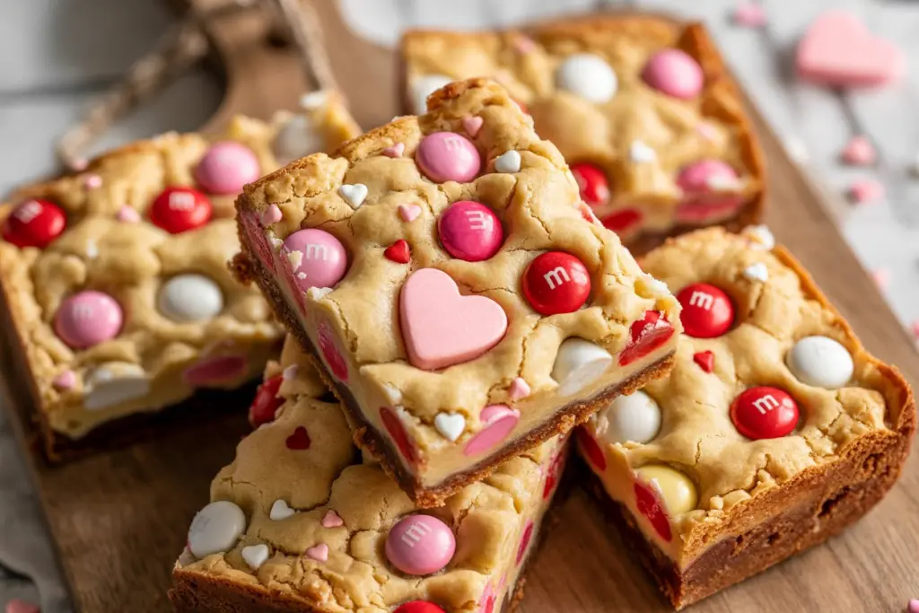 Valentine Blondies with Colorful Valentine M&Ms and Heart Sprinkles