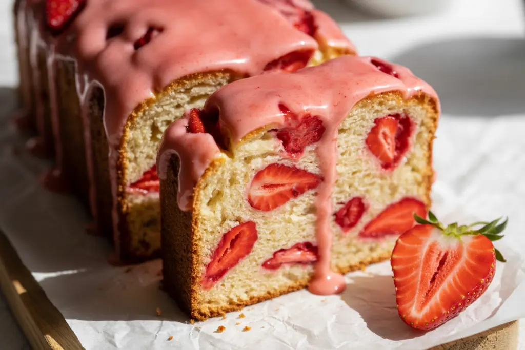 sourdough discard strawberry bread with pink strawberry glaze