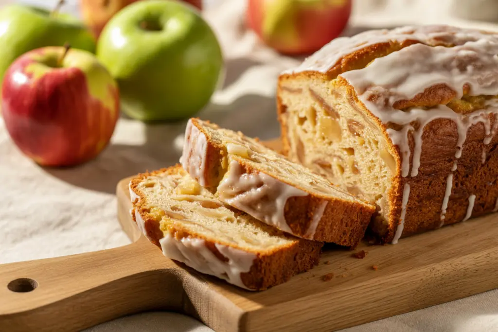 Freshly baked quick sourdough apple bread with golden crust