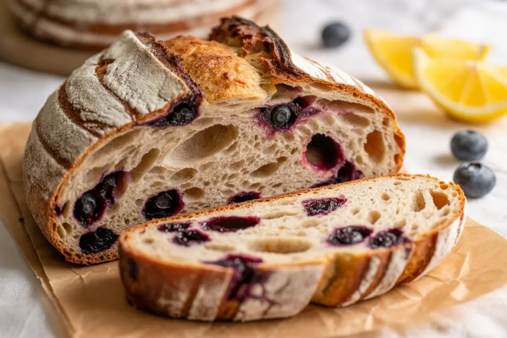 Lemon Blueberry Sourdough Bread loaf with blueberries
