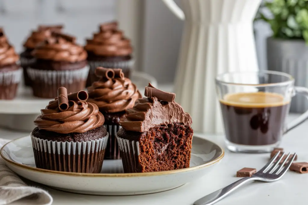 frosted chocolate sourdough cupcakes on a plate