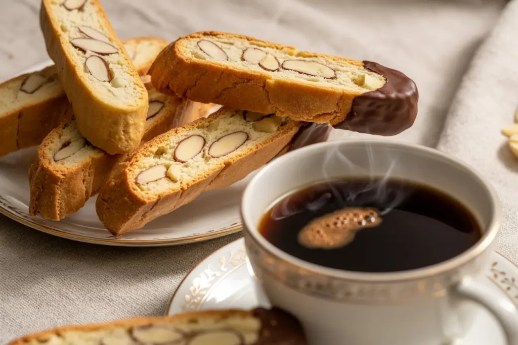 serving sourdough discard biscotti with coffee