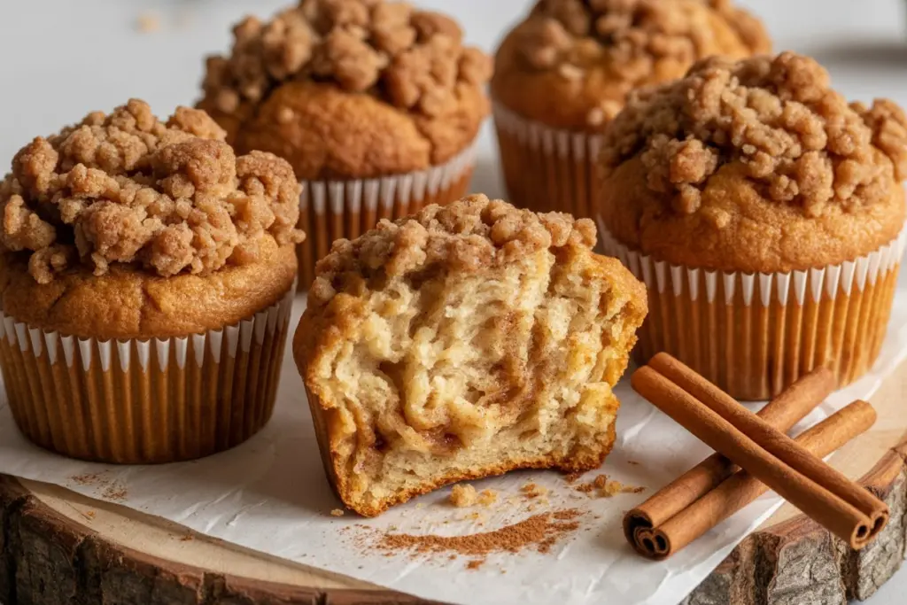 serving sourdough cinnamon muffins with butter and crumble topping