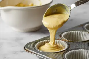 sourdough cornbread muffins batter in tin