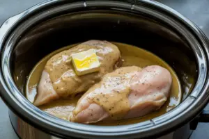 Step-by-step view of crock pot chicken and gravy as it cook