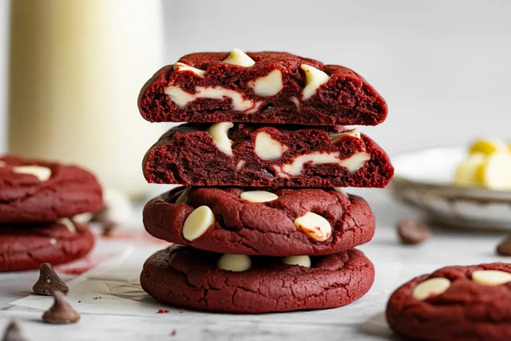 Soft, fudgy sourdough red velvet cookies with White chocolate chips