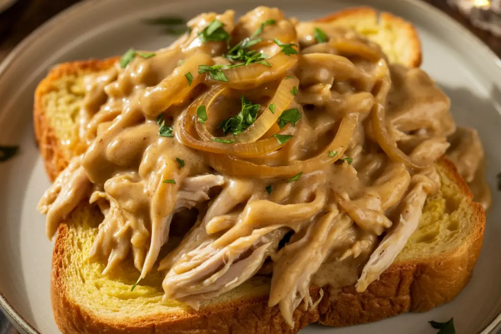 Crockpot chicken and Mushroom & Onion Gravy sandwich