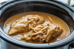 Tender shredded chicken simmering in creamy gravy inside a crock pot.