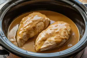 chicken simmering in creamy gravy inside a crock pot