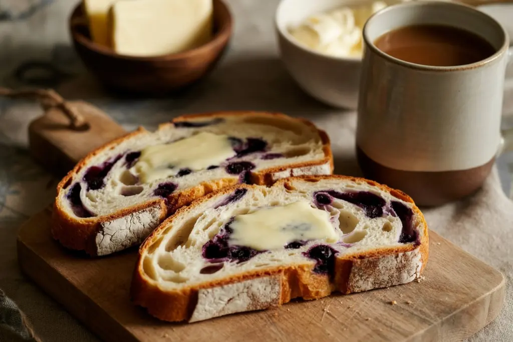 Slices of Lemon Blueberry Sourdough Bread served with butter