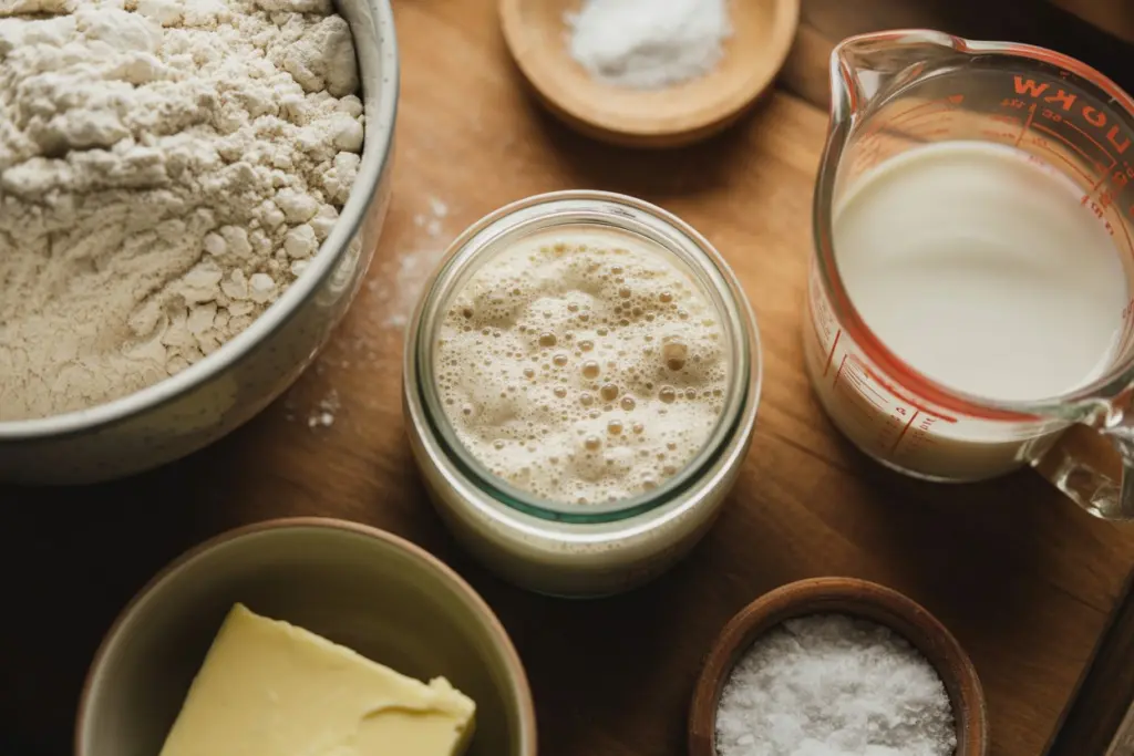 easy sourdough sandwich bread ingredients setup