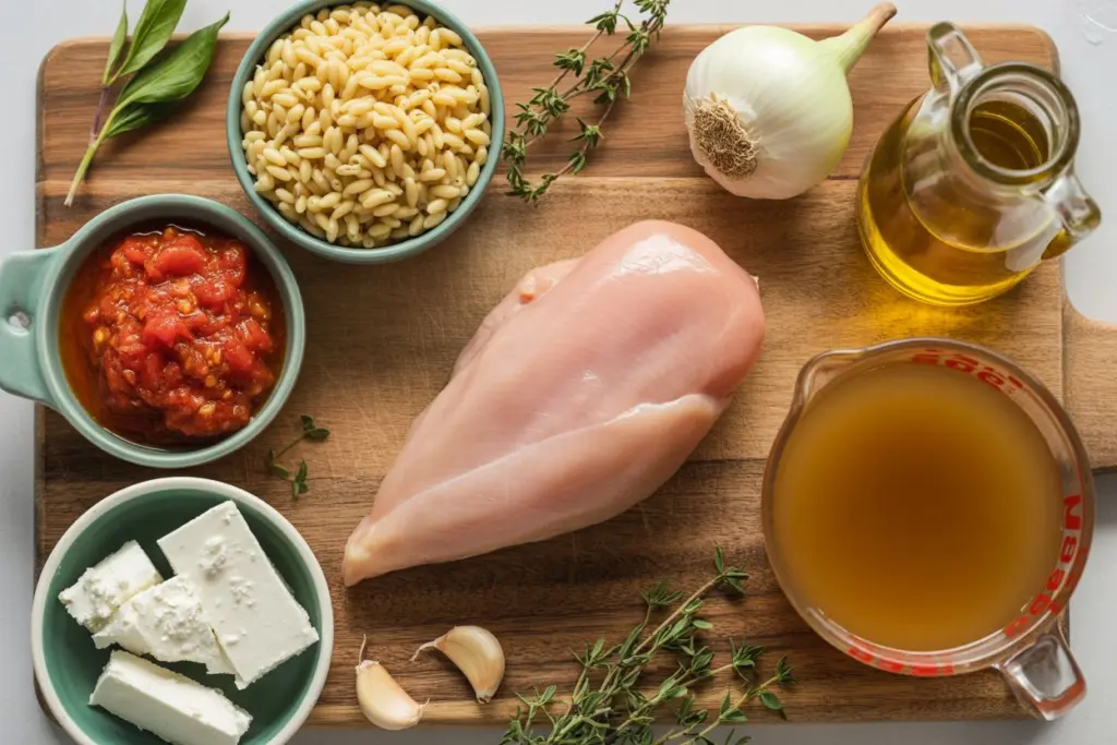 Ingredients for Greek Chicken Orzo Casserole with feta and herbs