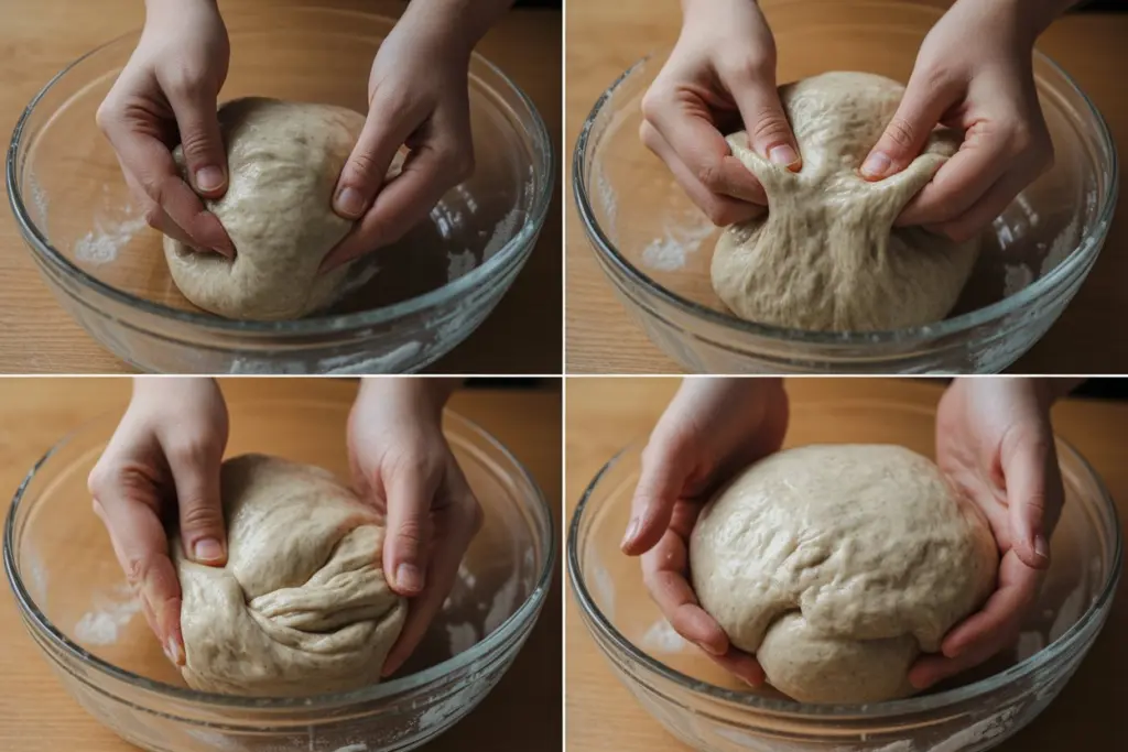 A collage of four photos of steps of stretch-and-fold Technique for Sourdough Buttermilk Bread