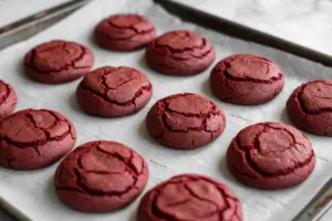 A freshly baked Soft, fudgy Red Velvet Cookies