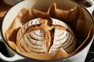 The final bake stage of Brown Sugar Cinnamon Swirl Sourdough Bread showing caramelized crust and oven steam.