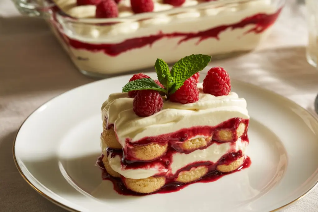 raspberry tiramisu slice served on plate