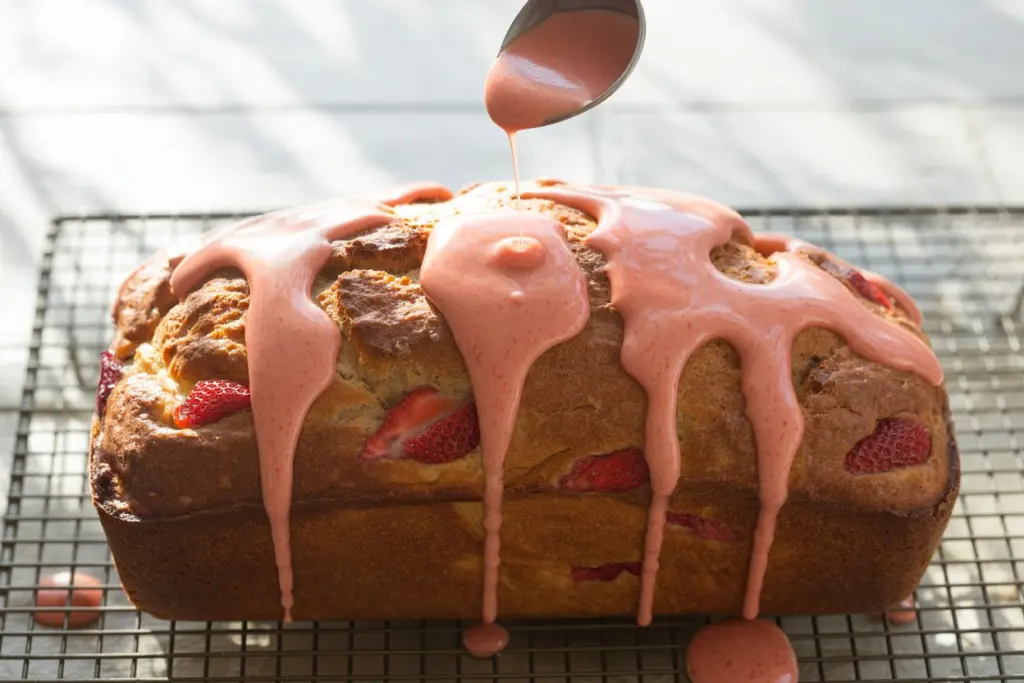 Quick Sourdough Discard Strawberry Bread with Strawberry Glaze