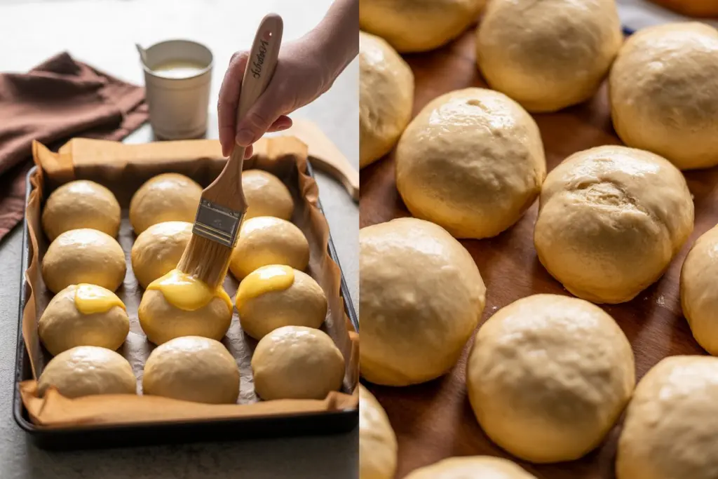 Honey Wheat Sourdough Dinner Rolls 3 sourdough dinner rolls in buttered pan