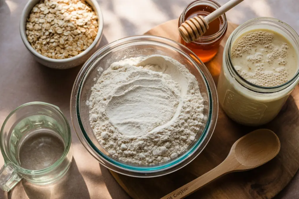 honey oat sourdough bread ingredients on rustic table