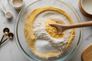 mixing sourdough cornbread muffin