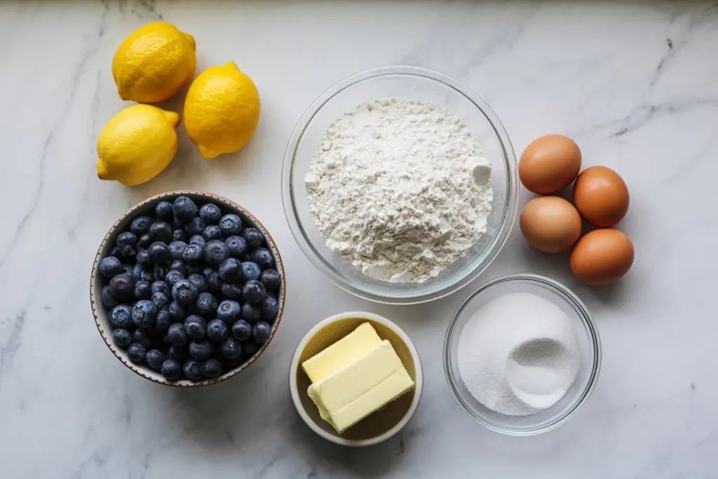 ingredients for blueberry lemon curd tart laid out on marble