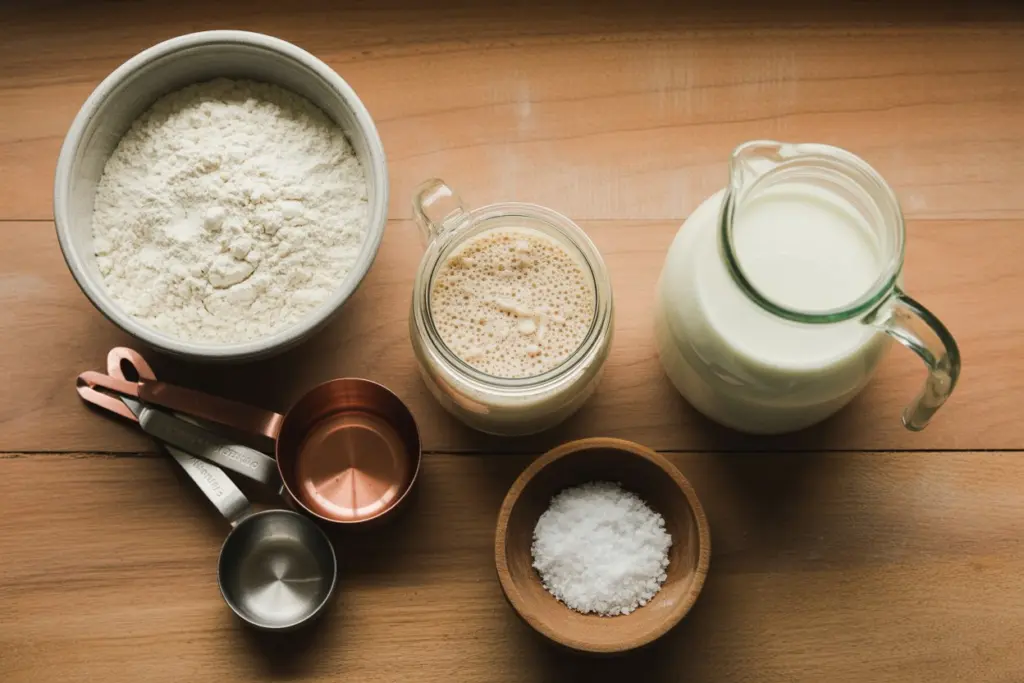 Sourdough buttermilk bread ingredients on wooden surface