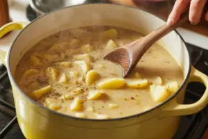 Loaded Potato Soup 11 Creamy potato soup in a large white pot