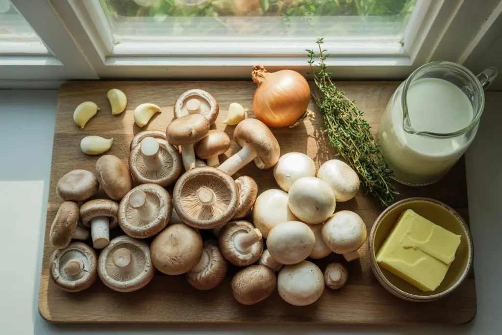 Easy Creamy Mushroom Soup 4 Ingredients for creamy mushroom soup with mushrooms, cream, garlic, and thyme