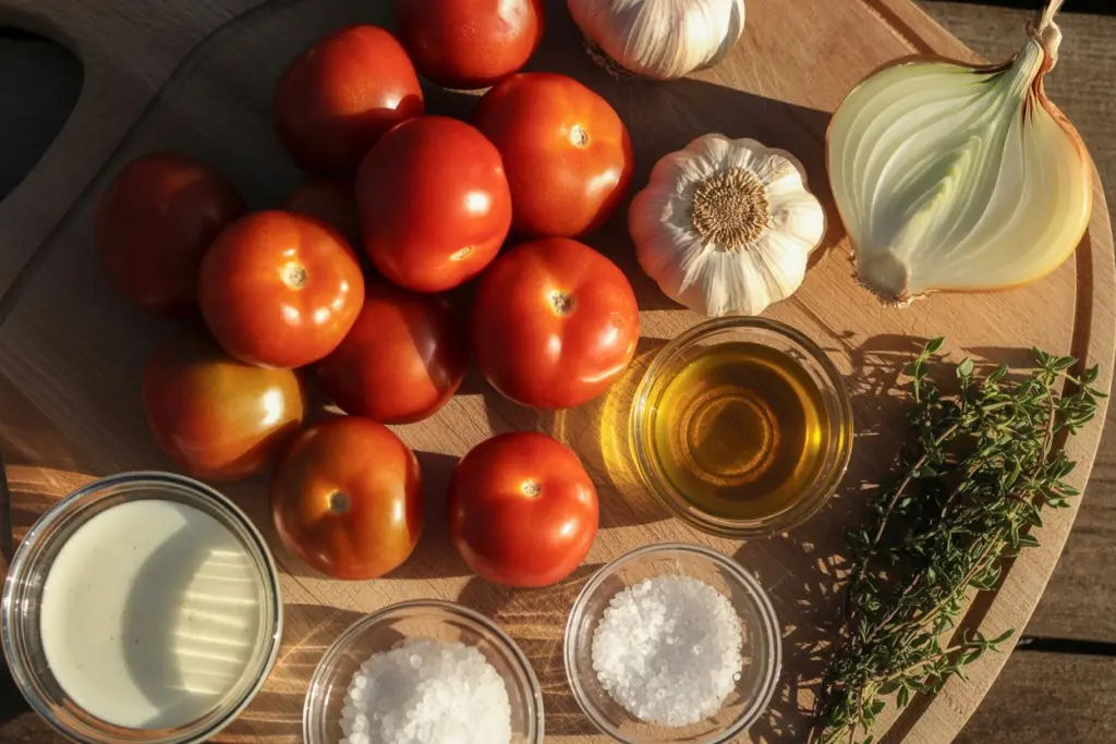 Simple ingredients for homemade roasted garlic tomato soup.