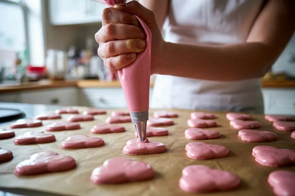 piping pink heart macarons on parchment