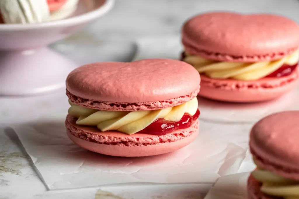 filling heart macarons with buttercream and jam