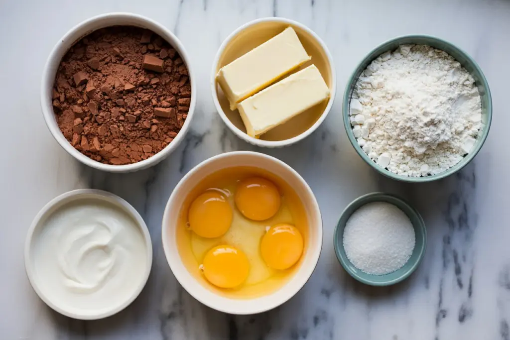 brownie cheesecake ingredients flat lay