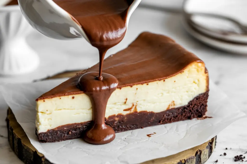 serving slice of brownie cheesecake with  chocolate ganache drizzle