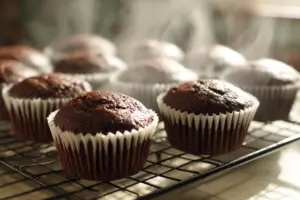 Chocolate Cupcakes with white Cupcake liners on wire