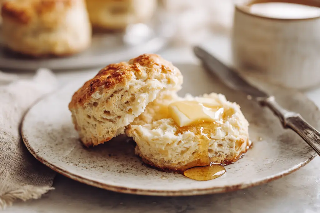 Serving flaky sourdough biscuit warm with butter