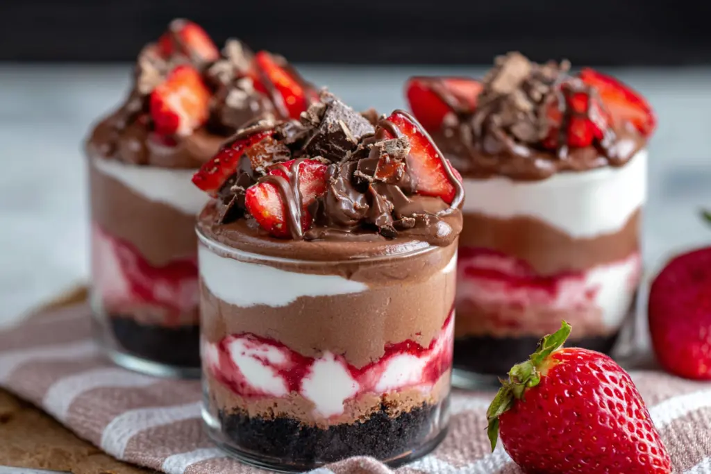 valentine's day dessert Chocolate Strawberry Cheesecake Dessert Cups recipe card