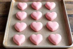 baked heart shapes of pink macaron